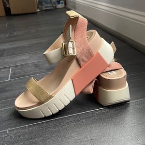 Pink, tan and gold wedge sandals from Steve Madden.